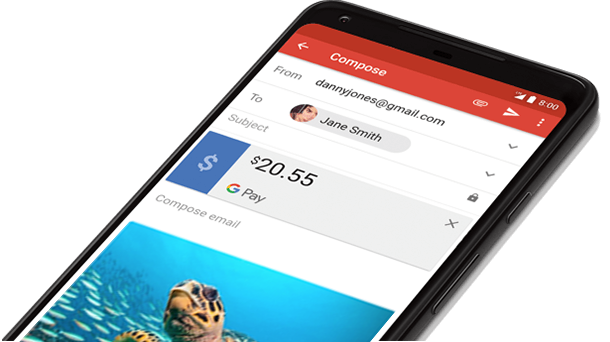 Gmail Sample Interface: Compose Attach, Send, Options menu From: dannyjones@gmail.com To: Jane Smith Subject: empty Body: $20.55 Money attached Google Pay Compose email